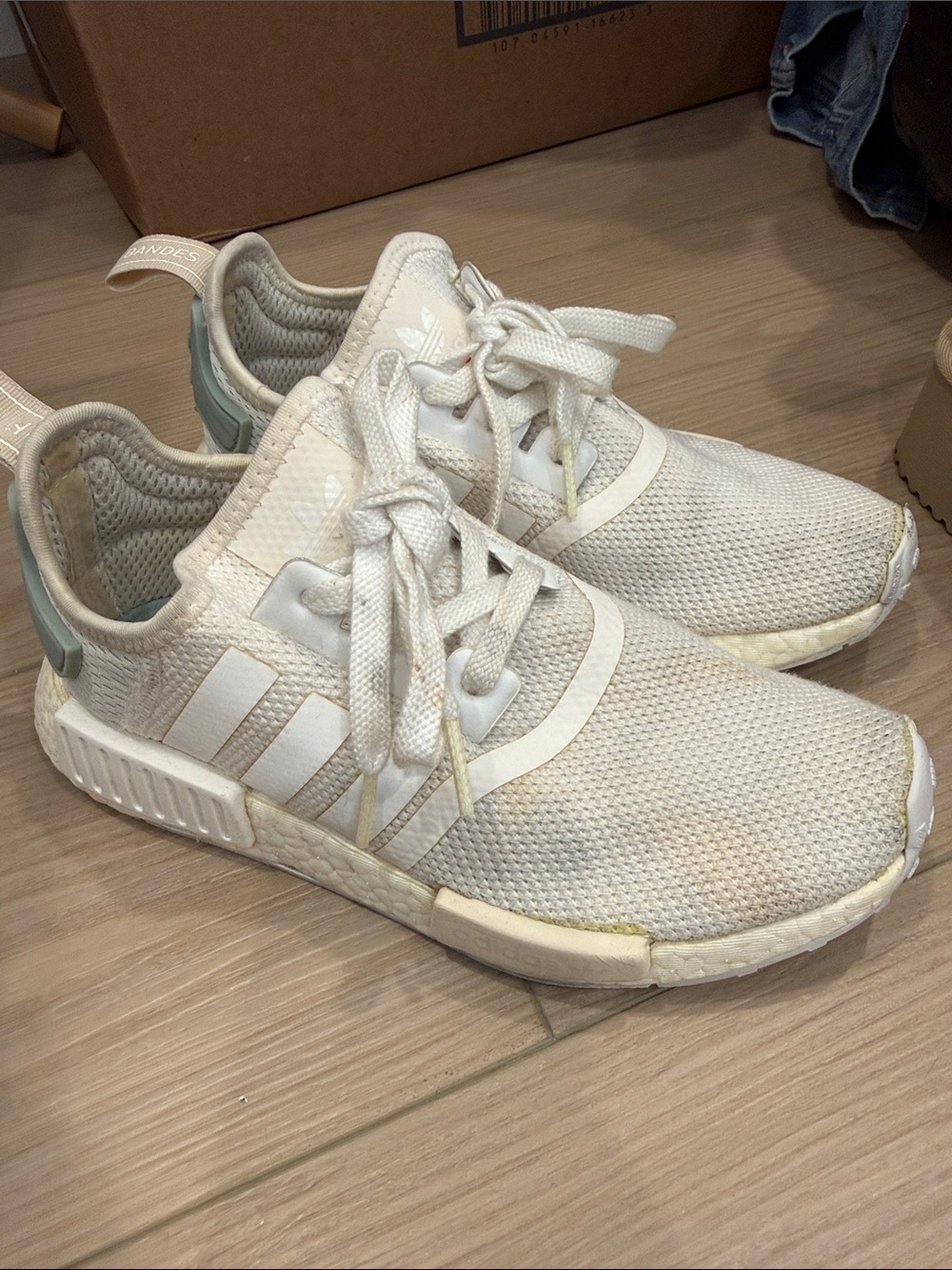 adidas Cream White Knit Slip-On Sneakers with Pale Green Heel